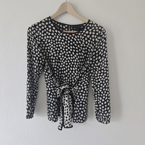 J Crew 100% Silk Waist Tie Front Blouse Top Black & White Pebble Print size 2 - Picture 4 of 14
